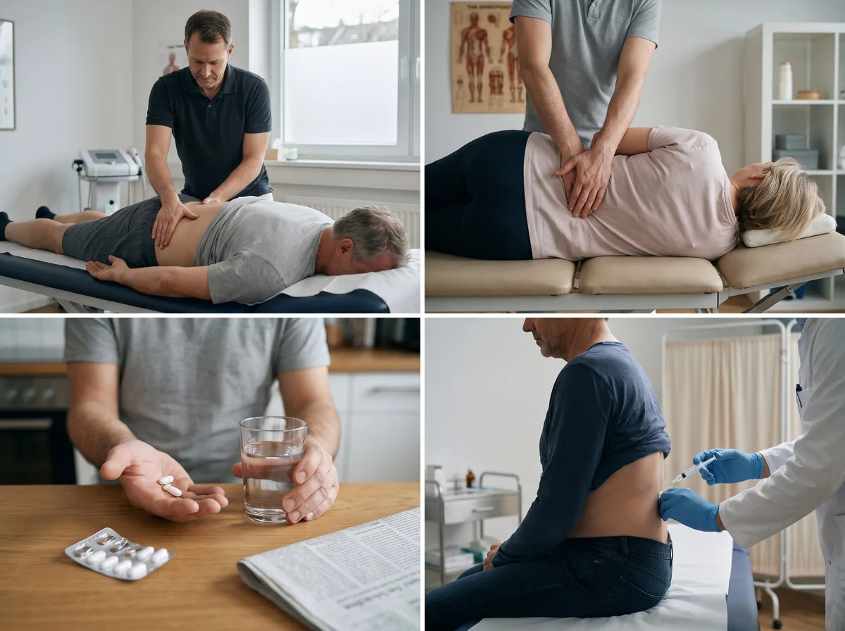 Vier klassische Therapien: Physiotherapie, Chiropraktik, Schmerzmittel und Kortison-Spritzen