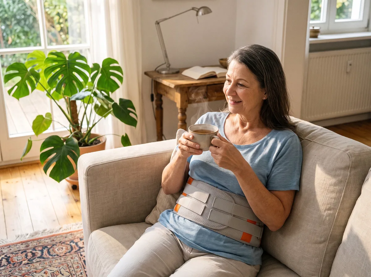 Frau entspannt zu Hause auf dem Sofa mit dem 4in1 OrthoGurt